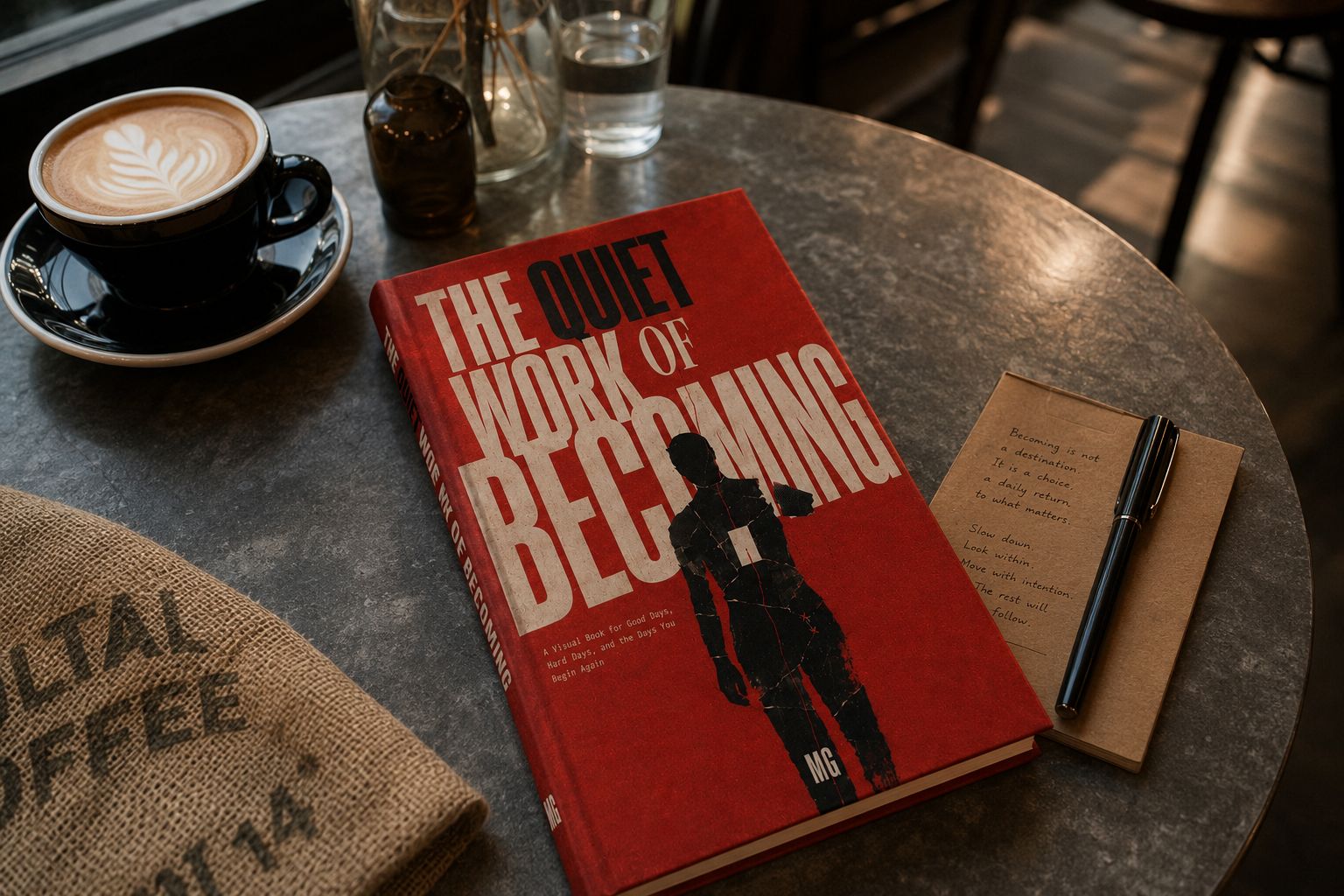 Concept visualisation of The Quiet Work of Becoming beside a notebook and coffee